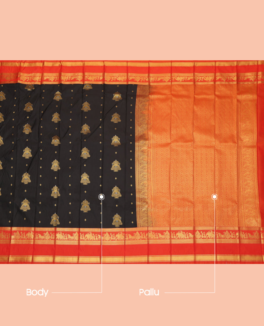 Black Budget Silk Saree, Adorned with Zari Buttas, a Contrast Traditional Wedding Themed Zari Border, a Grand Pallu and a Contrast Blouse