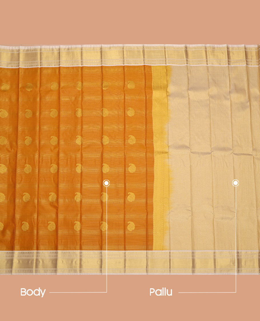 Orange Budget Silk Saree, Delicately Woven with Paisley Buttas and Stripes on Its Body, Complemented by a Contrast Traditional Zari Design Border, Grand Pallu, and Paired with a Contrast Blouse