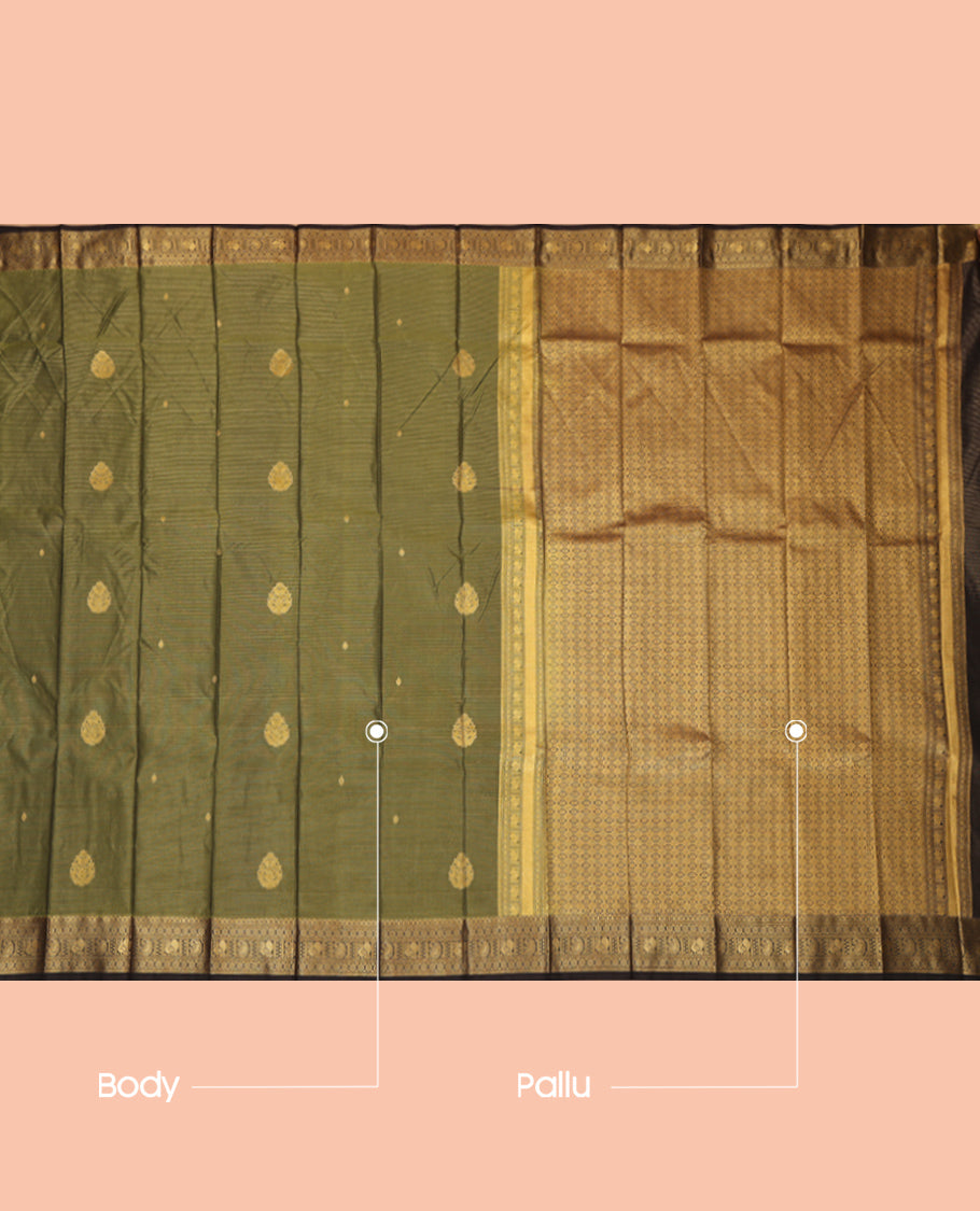Green Budget Silk Saree, Delicately Woven Zari Buttas and Stripes, Complemented by Contrast Traditional Zari Border, a Jaal Pallu and a Contrast Blouse