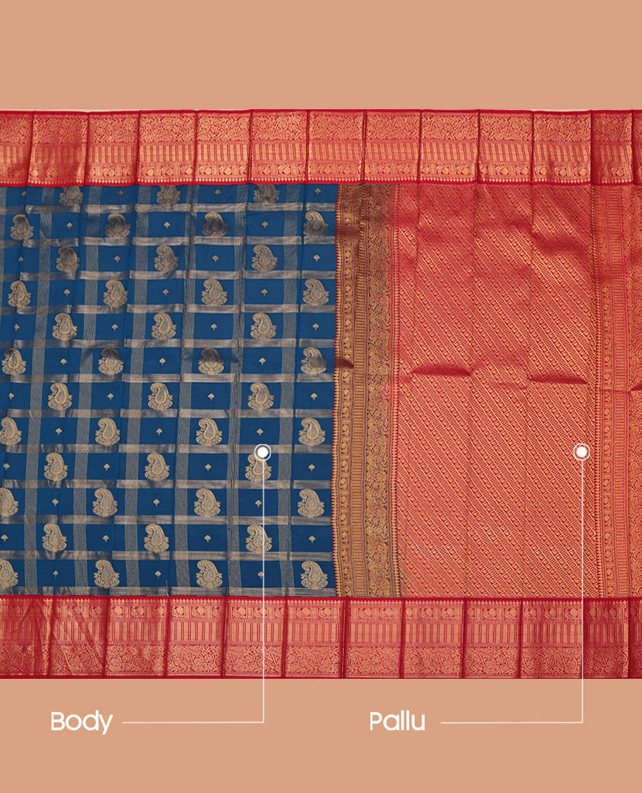 Blue Budget Silk Saree, Decked Up with Paisley Butta Enclosed Checks on Its Body, Complemented by a Contrast Traditional Zari Design Border, Grandly Decked Up Pallu, and Paired with a Contrast Blouse