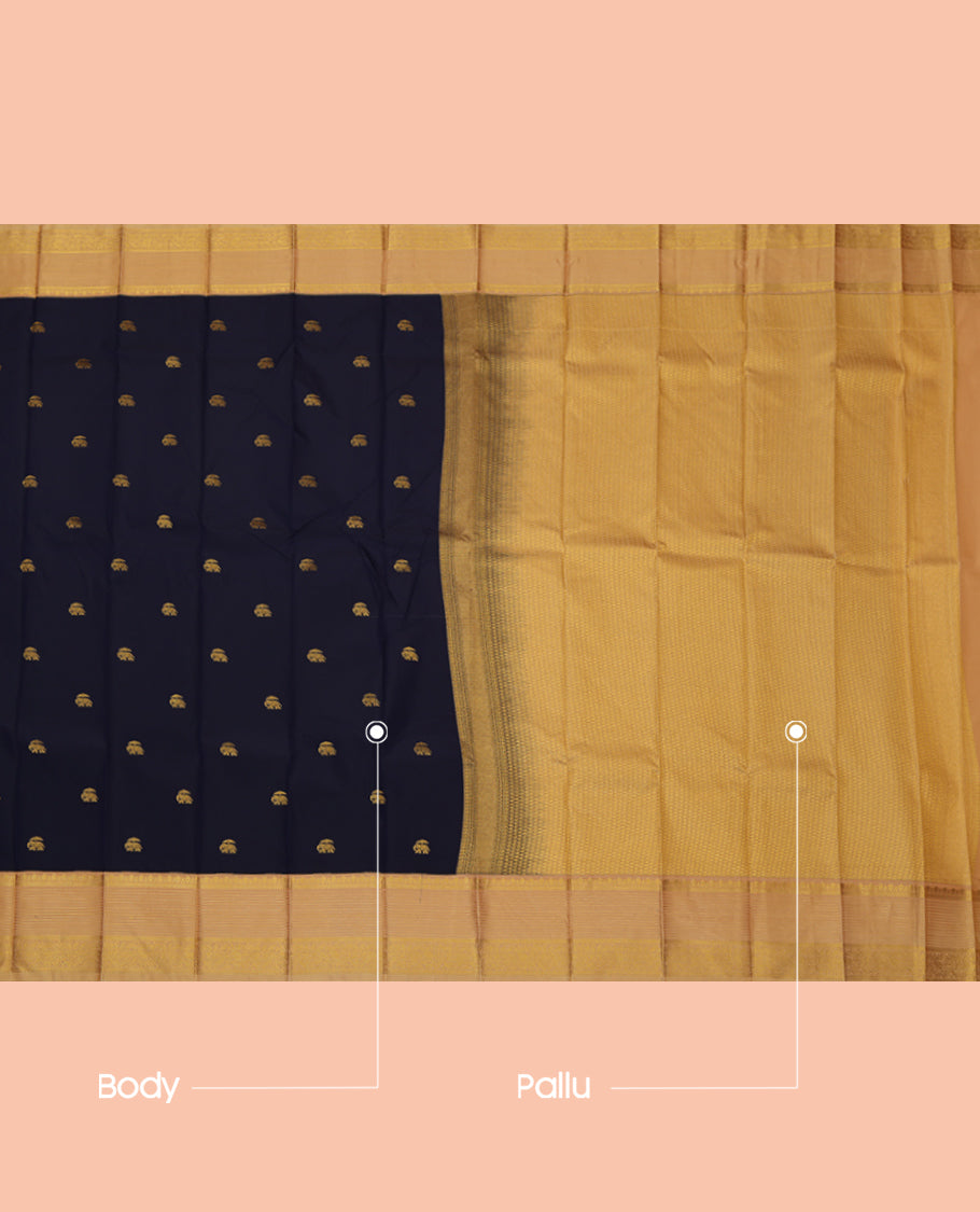 Blue Budget Silk Saree, Artfully Detailed with Peacock Buttas, a Contrast Traditional Zari Border, Grand Pallu, and a Contrast Blouse