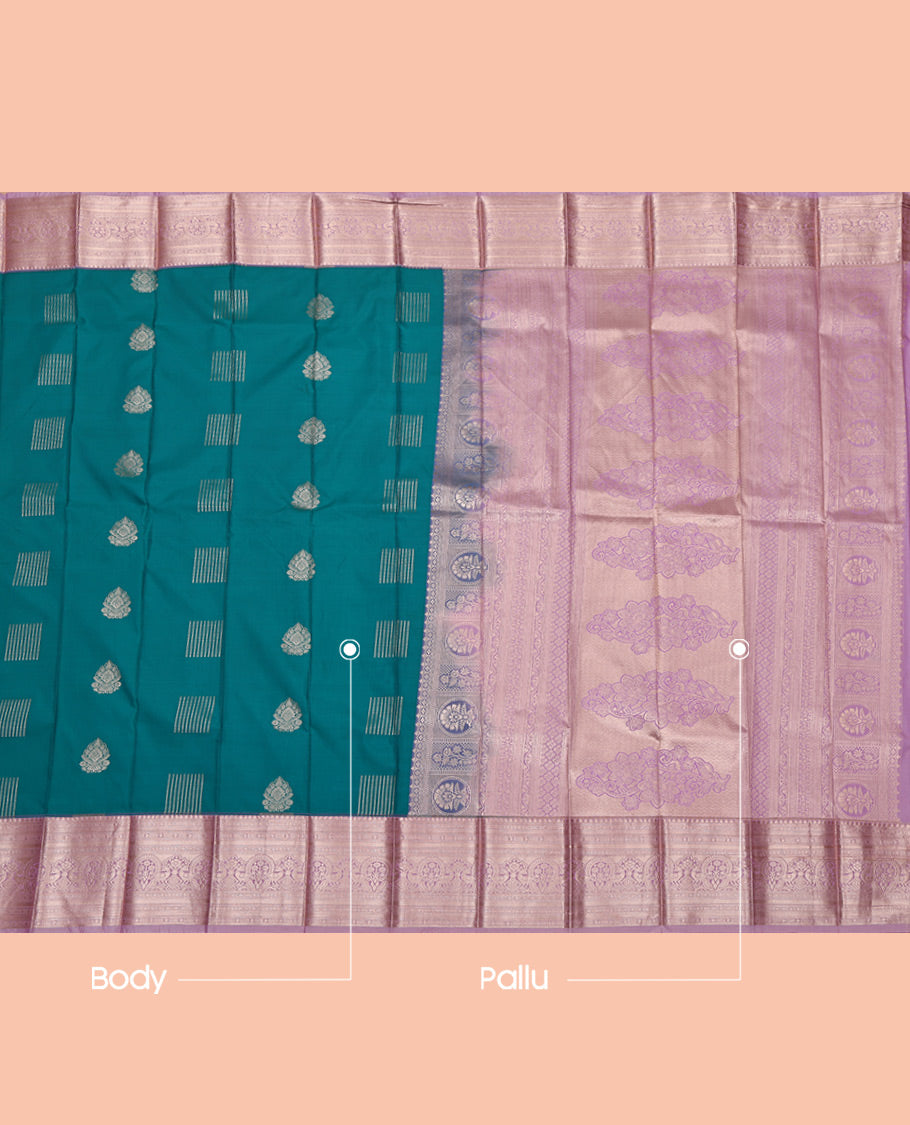Peacock Blue Budget Silk Saree, Mesmerized with Zari Buttas All Over Its Body, Complemented by a Contrast Traditional Zari Design Border, Intricate Pallu, and Paired with a Contrast Blouse