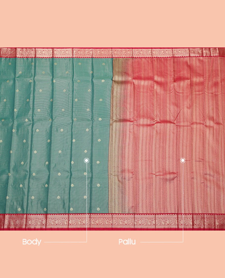Green Budget Silk Saree, Accentuated with Zari Buttas and Checks, Complemented by Contrast Traditional Border, Geometric Pallu and a Contrast Blouse