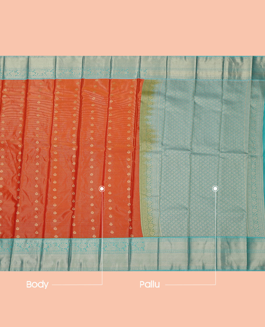 Orange Budget Silk Saree, Richly Detailed with Zari Buttas and Zari Stripes on Its Body, Complemented by a Contrast Traditional Zari Design Border, Grand Jaal Pallu, and Paired with a Contrast Blouse