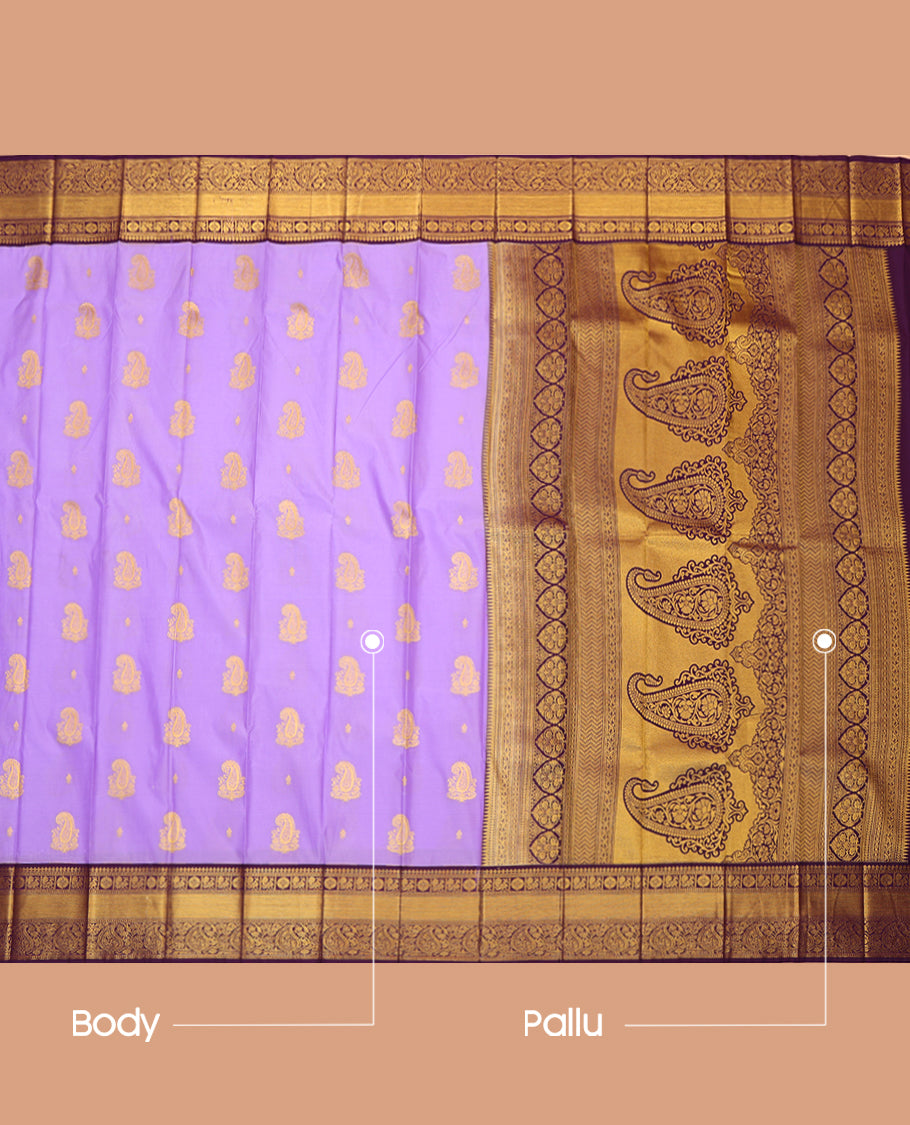 Lavender Budget Silk Saree, Accentuated with Zari Buttas, Complemented by a Contrast Traditional Zari Border, Grand Pallu, and Contrast Blouse