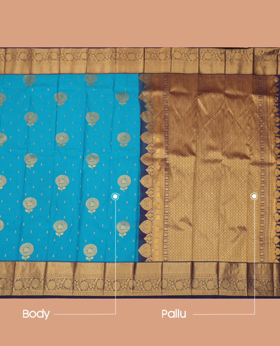 Blue Budget Silk Saree, Spotlighted with Zari Buttas, Complemented by Contrast Traditional Zari Border, a Grand Jaal Pallu and a Contrast Blouse