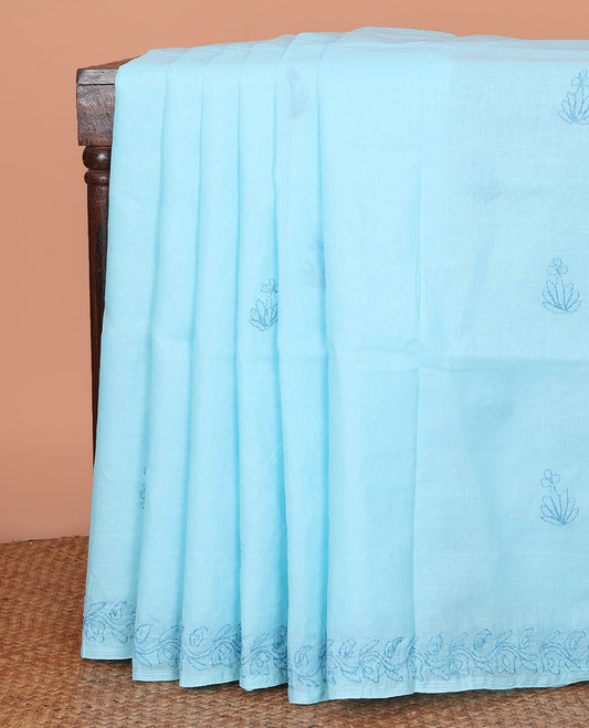 Blue Lucknowi Chikankari Cotton Saree, Sparsely Sparkled with Floral Motifs Embroidery on Its Body, Subtle Floral Vine Embroidery Border, Pallu of Intricate Embroidery, and Comes Without a Blouse