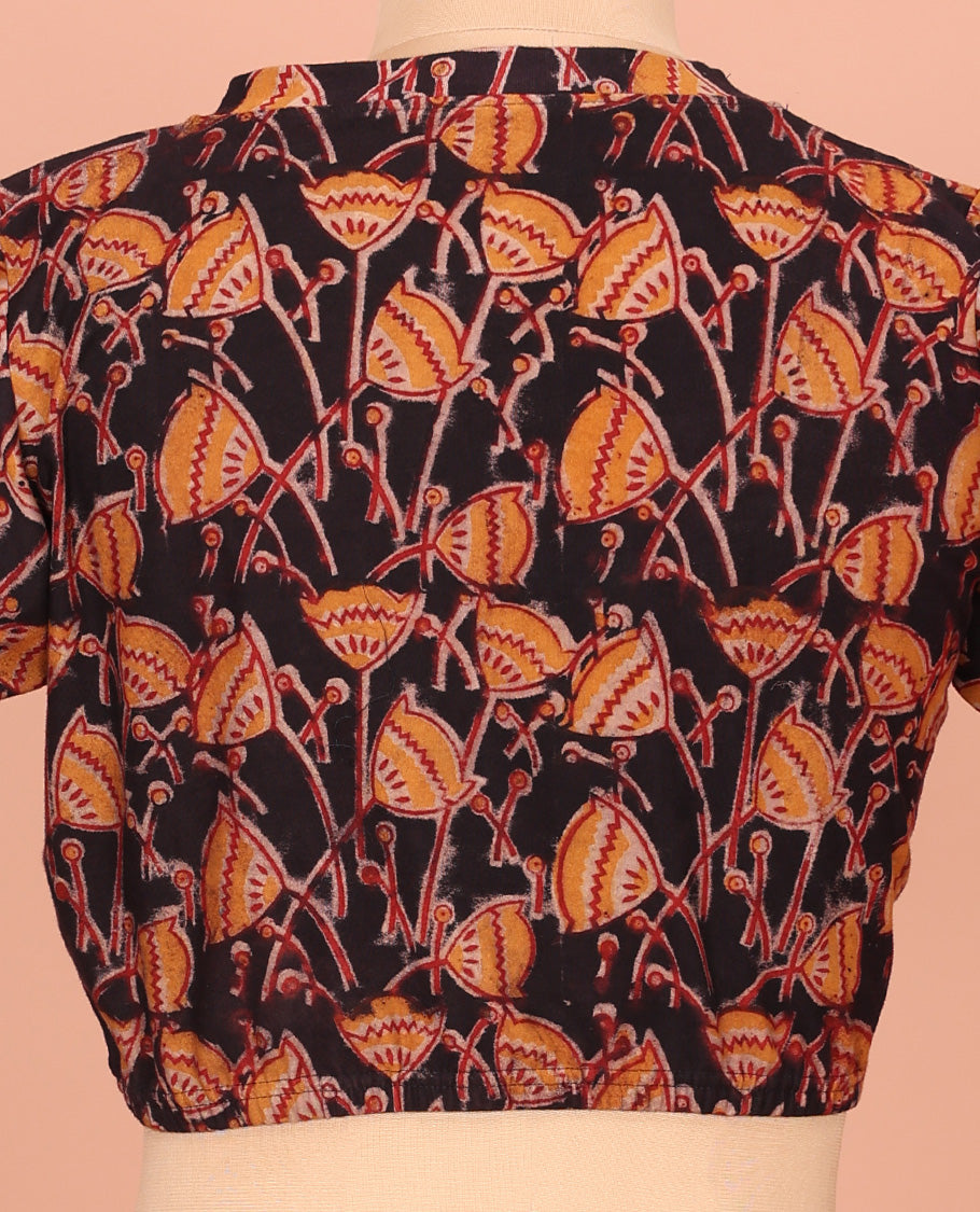 Black Cotton Readymade Blouse Majestically Detailed with All-Over Lotus Motifs Print, Front V-Neck, Back Round  Neck, and Elbow Sleeves