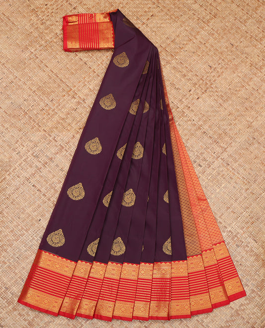 Maroon Budget Silk Saree, Embellished with Zari Buttas, a Contrast Traditional Zari Border, Grand Pallu, and a Contrast Blouse