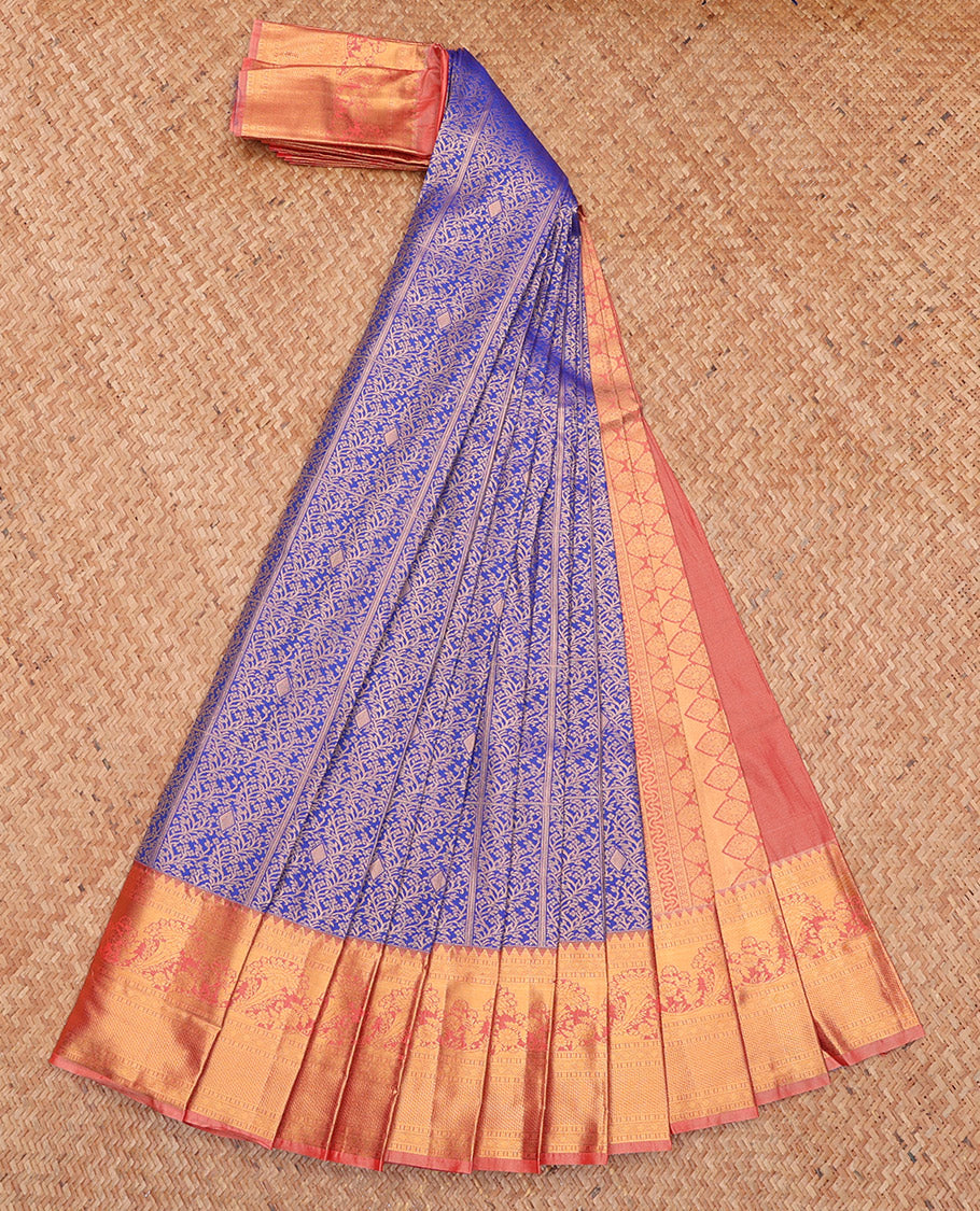 Violet Budget Silk Saree, Ornamented with Jacquard Design, Complemented by a Contrast Traditional Zari Border, Grand Pallu, and Contrast Blouse