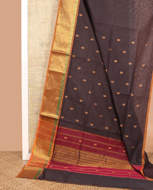 Brown paisley buttas Venkatagiri cotton saree, contrast traditional zari design border, and zari striped pallu