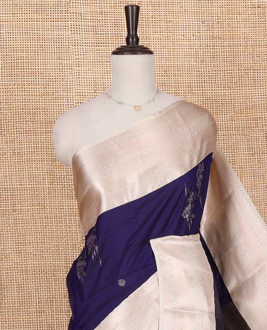Blue Budget Silk Saree, Decorated with Zari Buttas on Its Body, Complemented by a Contrast Traditional Zari Design Border, Diagonally Designed Pallu, and Paired with a Contrast Blouse
