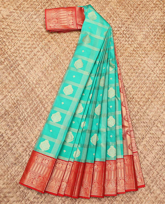 Turquoise Budget Silk Saree, Gleamed Up with Zari Buttas and Checks, a Contrast Traditional Zari Design Border, Grand Pallu, and a Contrast Blouse