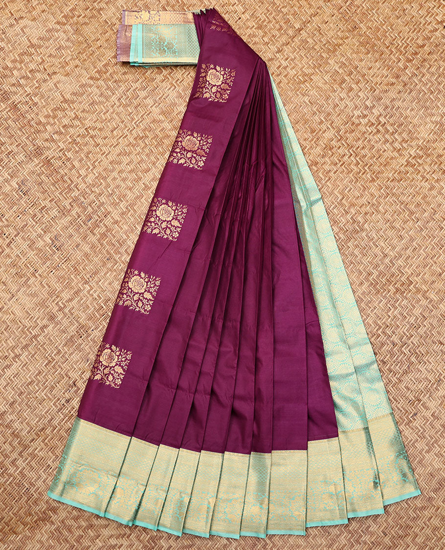Wine Budget Silk Saree, Showcasing Zari Buttas, Complemented by Contrast Traditional Zari Border,  a Grand Jaal Pallu and a Contrast Blouse