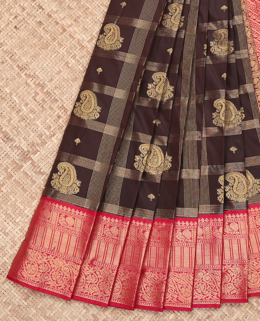 Brown Budget Silk Saree, Highlighted with Paisley Butta Enclosed Checks on Its Body, Complemented by a Contrast Traditional Zari Design Border, Grand Pallu, and Paired with a Contrast Blouse