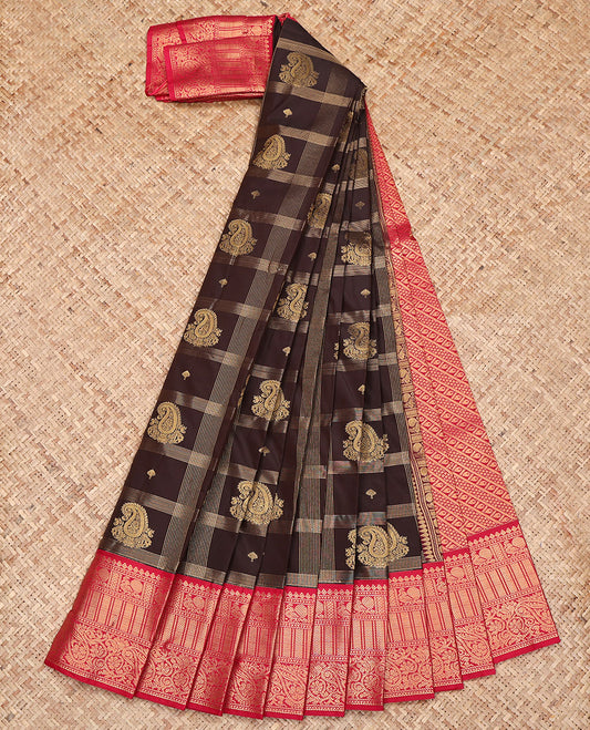 Brown Budget Silk Saree, Highlighted with Paisley Butta Enclosed Checks on Its Body, Complemented by a Contrast Traditional Zari Design Border, Grand Pallu, and Paired with a Contrast Blouse