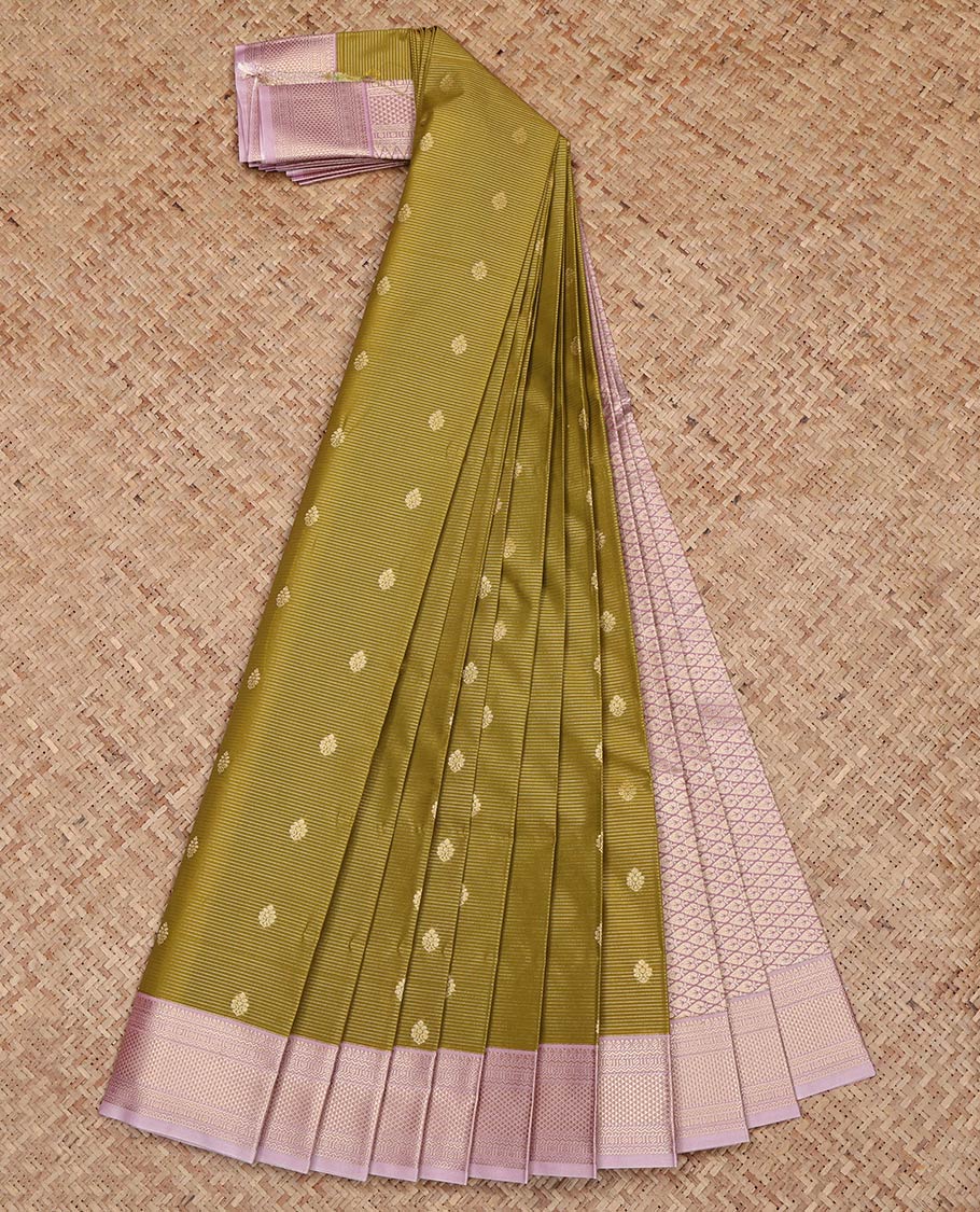 Green Budget Silk Saree, Detailed with Zari Buttas and Zari Stripes on Its Body, Complemented by a Contrast Traditional Zari Design Border, Grand Jaal Pallu, and Paired with a Contrast Blouse