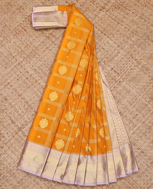 Yellow Budget Silk Saree, Sparsely Woven with Zari Butta Enclosed Checks on Its Body, Complemented by a Contrast Traditional Zari Design Border, Grandly Decked Up Pallu, and Paired with a Contrast Blouse