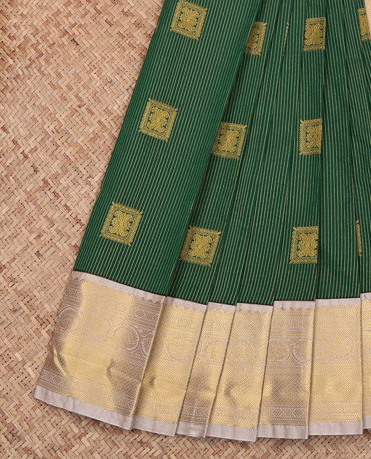 Green Budget Silk Saree, Embellished with Zari Buttas and Stripes, Complemented by Contrast Traditional Border, Grand Pallu and a Contrast Blouse
