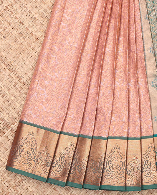 Light Peach Budget Silk Saree, Decked Up with Jacquard Design, Complemented by a Contrast Zari Border, Grand Pallu, and Contrast Blouse
