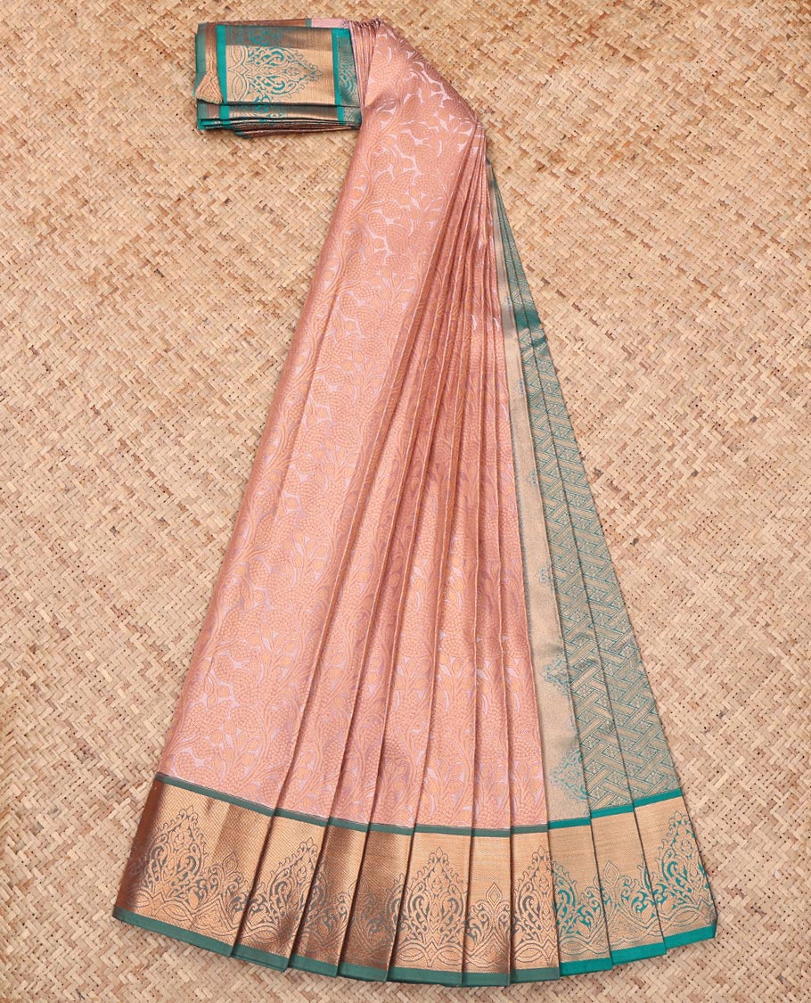 Light Peach Budget Silk Saree, Decked Up with Jacquard Design, Complemented by a Contrast Zari Border, Grand Pallu, and Contrast Blouse