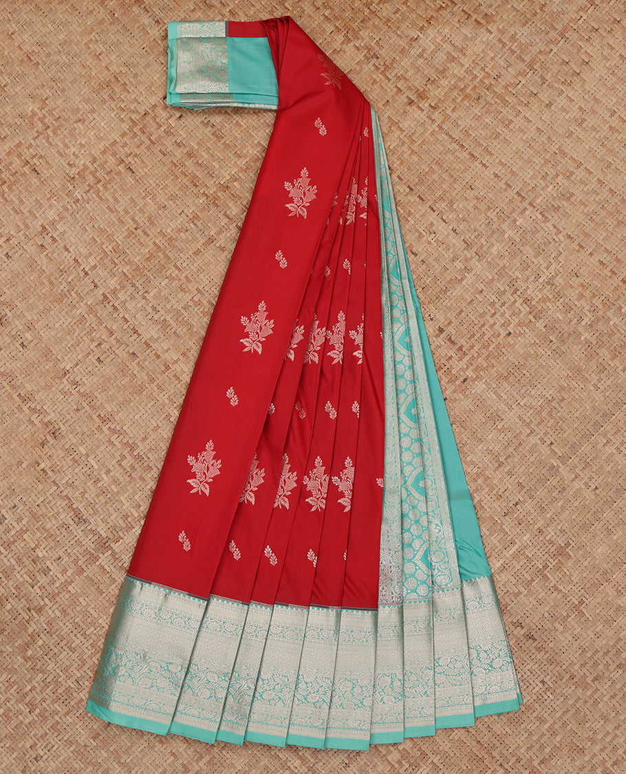 Rust Budget Silk Saree, Embellished with Zari Buttas, Complemented by a Contrast Traditional Zari Border, Grand Pallu, and a Contrast Blouse