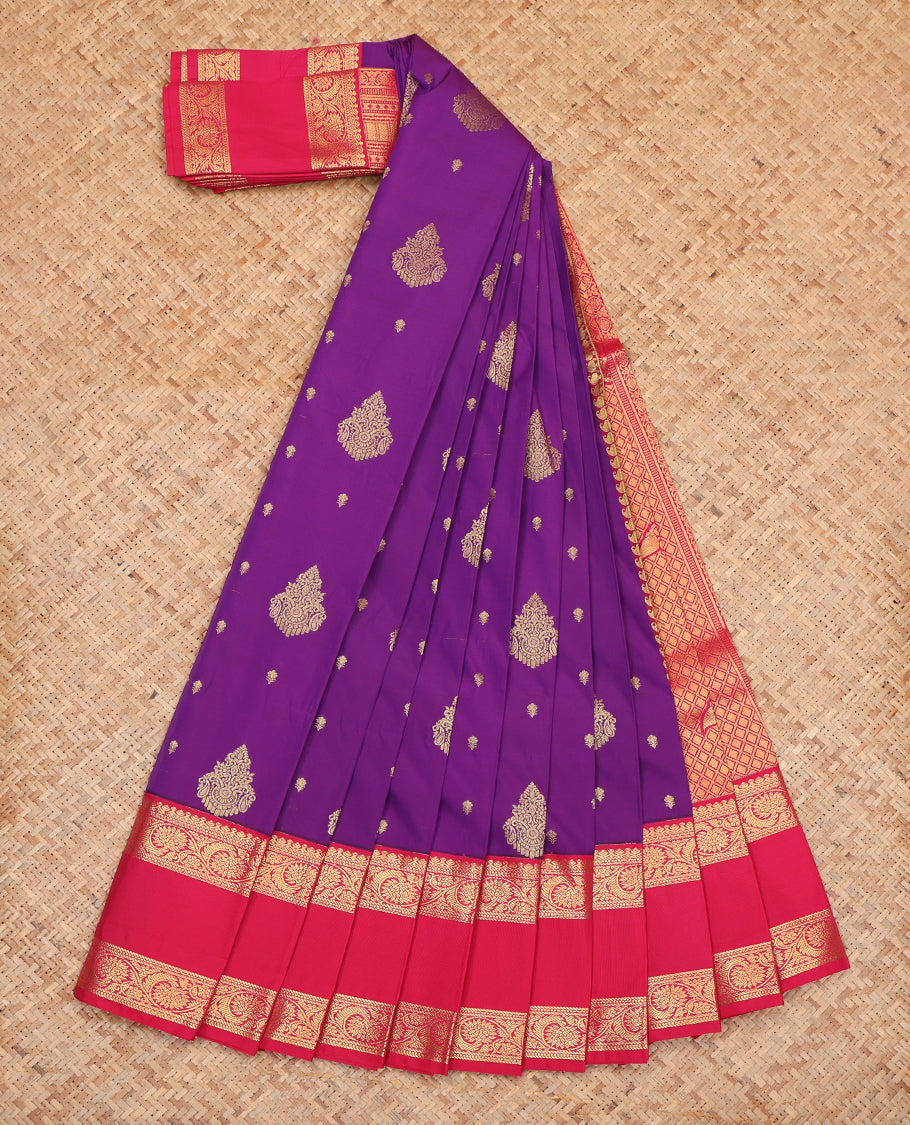 Purple Budget Silk Saree, Elevated with Zari Buttas, Complemented by a Contrast Traditional Rettai Pettu Zari Border, Grand Pallu, and Contrast Blouse