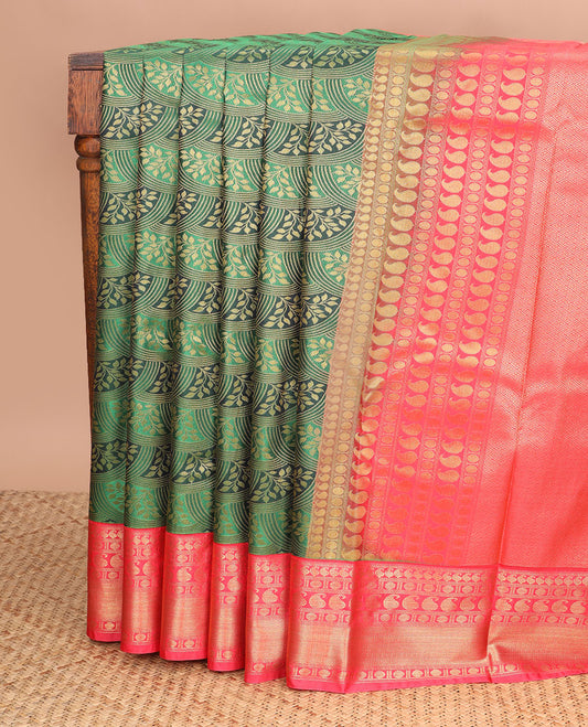 Green floral jaal design gift saree with contrast zari designb order & paisley, geometric design pallu