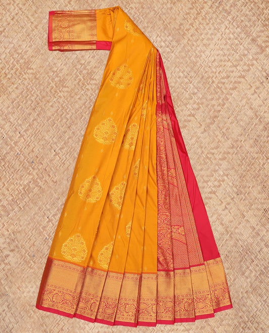 Orange Budget Silk Saree, Embellished with Zari Buttas, a Contrast Traditional Zari Border, Grand Pallu, and a Contrast Blouse