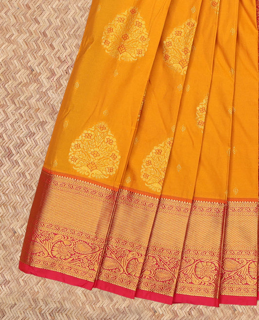 Orange Budget Silk Saree, Embellished with Zari Buttas, a Contrast Traditional Zari Border, Grand Pallu, and a Contrast Blouse
