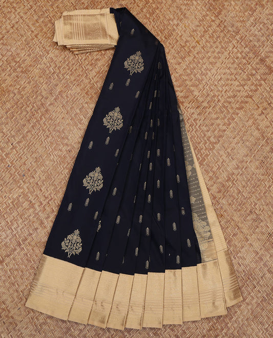 Blue Budget Silk Saree, Decorated with Zari Buttas, a Contrast Traditional Zari Border, Grand Pallu, and a Contrast Blouse