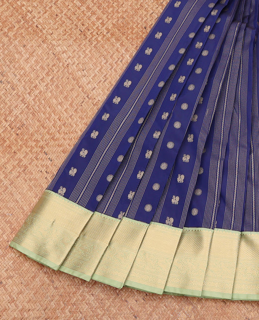 Blue Budget Silk Saree, Detailed with Peacock-Chakram Buttas and Stripes, Complemented by a Contrast Traditional Zari Border, Grand Pallu, and a Contrast Blouse