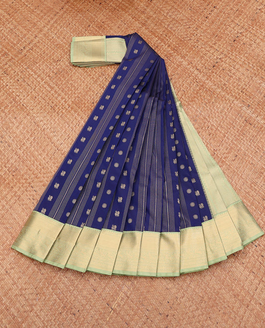 Blue Budget Silk Saree, Detailed with Peacock-Chakram Buttas and Stripes, Complemented by a Contrast Traditional Zari Border, Grand Pallu, and a Contrast Blouse