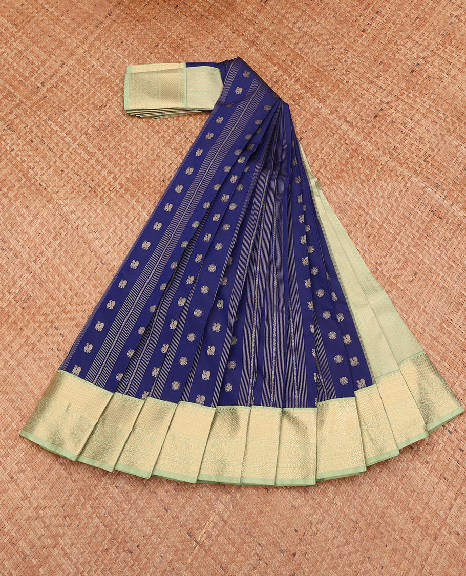Blue Budget Silk Saree, Detailed with Peacock-Chakram Buttas and Stripes, Complemented by a Contrast Traditional Zari Border, Grand Pallu, and a Contrast Blouse