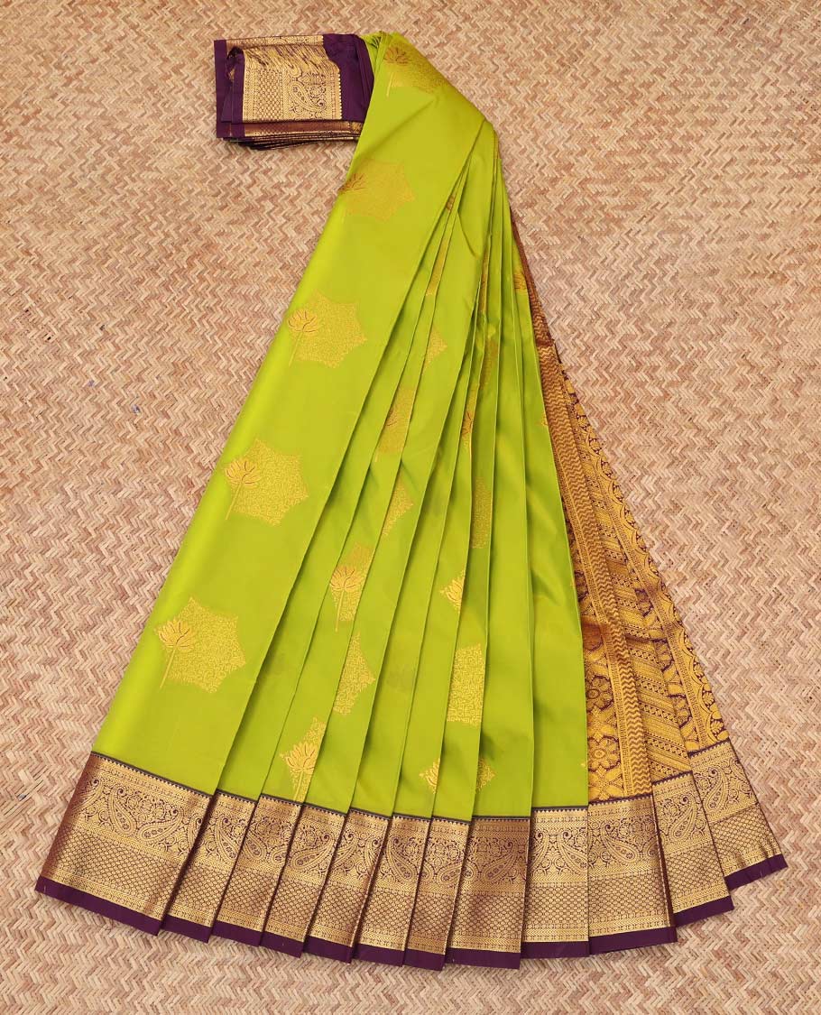 Green Budget Silk Saree, Enlivened with Zari Buttas, Complemented by Contrast Traditional Zari Border, a Grand Pallu and a Contrast Blouse