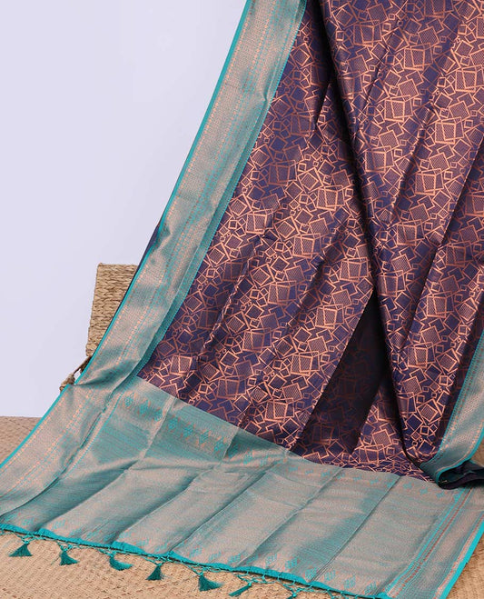 Peach geometric design butter silk saree with contrast zari border & intricate zari pallu
