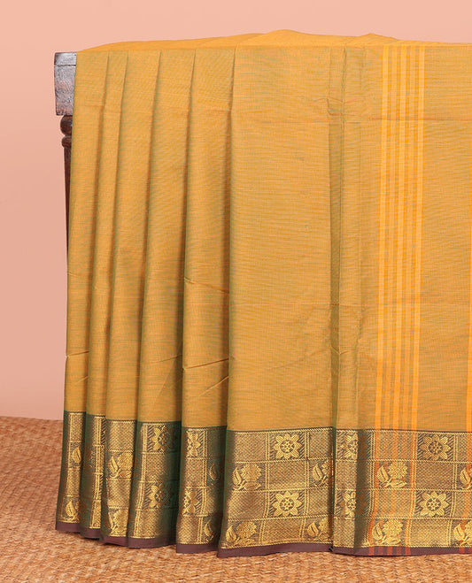 Mustrad Plain Chettinad Cotton Saree, Complemented by Contrast Zari Border of Traditional Designs, Subtly Striped Pallu, and Paired with a Matching Blouse