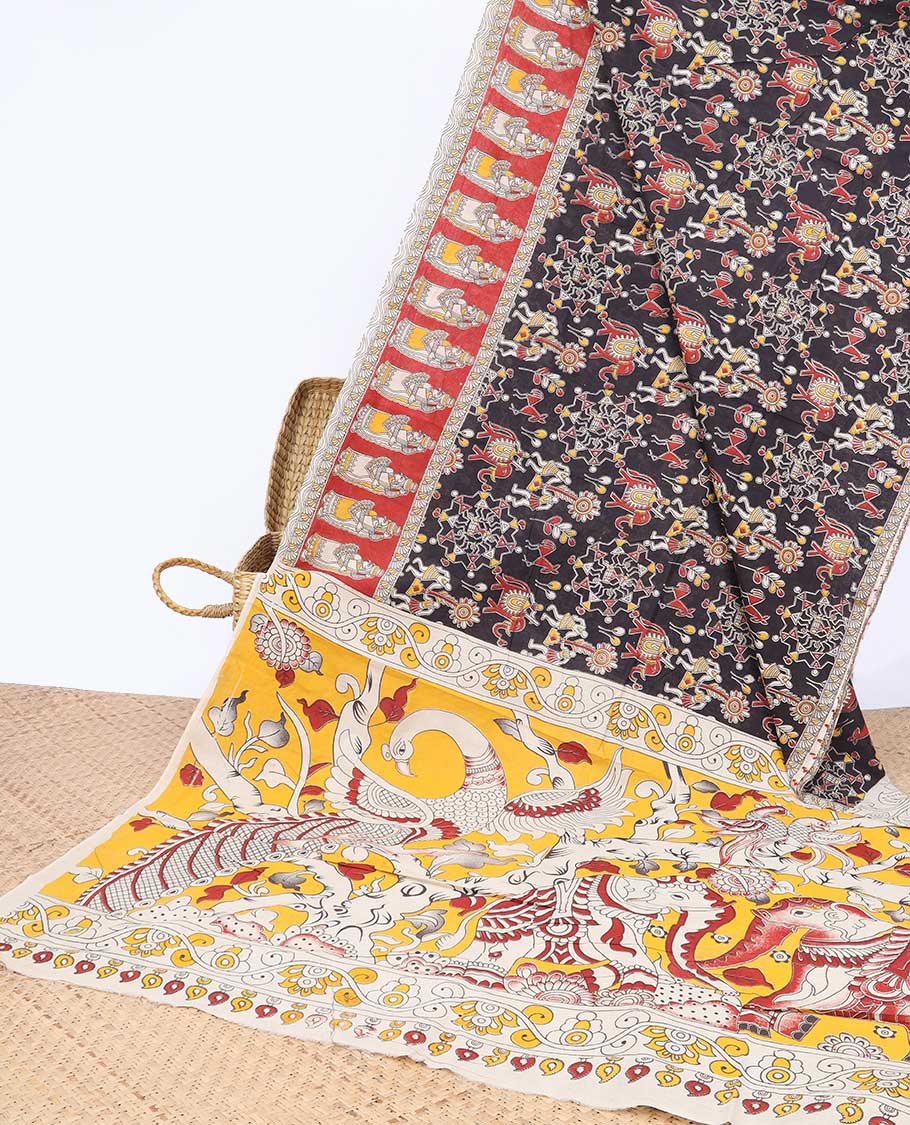 Black unique motifs machine-printed kalamkari cotton saree, contrast unique motifs border & animal motifs pallu