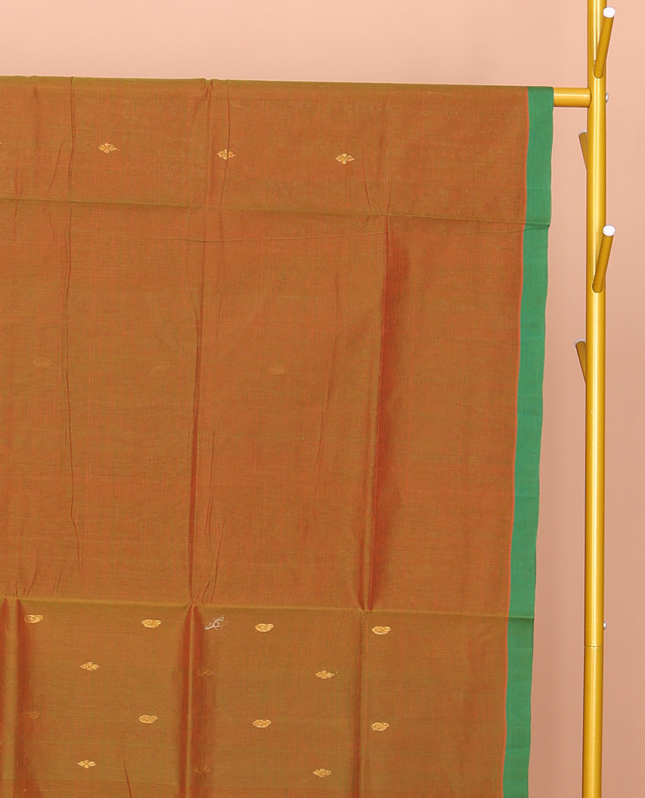Brown Venkatagiri Cotton Saree, Detailed with Buttas, a Contrast Zari-Thread Border, Pallu of Buttas and Stripes, and No Blouse