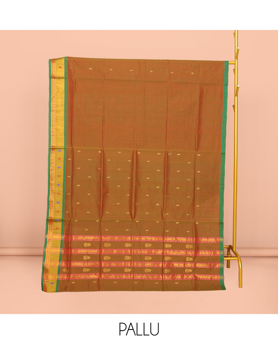 Brown Venkatagiri Cotton Saree, Detailed with Buttas, a Contrast Zari-Thread Border, Pallu of Buttas and Stripes, and No Blouse