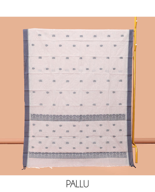Grey Kanchi Cotton Saree, Sparsely Woven with Buttas, Complemented by a Contrast Border, Pallu of Buttas, and a Matching Blouse