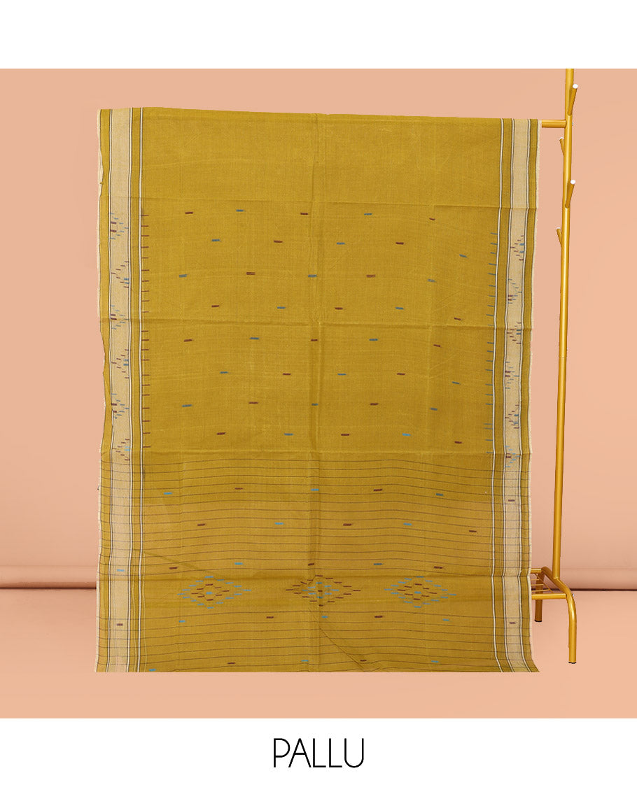 Green Bengal Cotton Saree, Adorned with Thread Buttas, a Subtle Border, Pallu of Stripes and Buttas, and a Matching Blouse