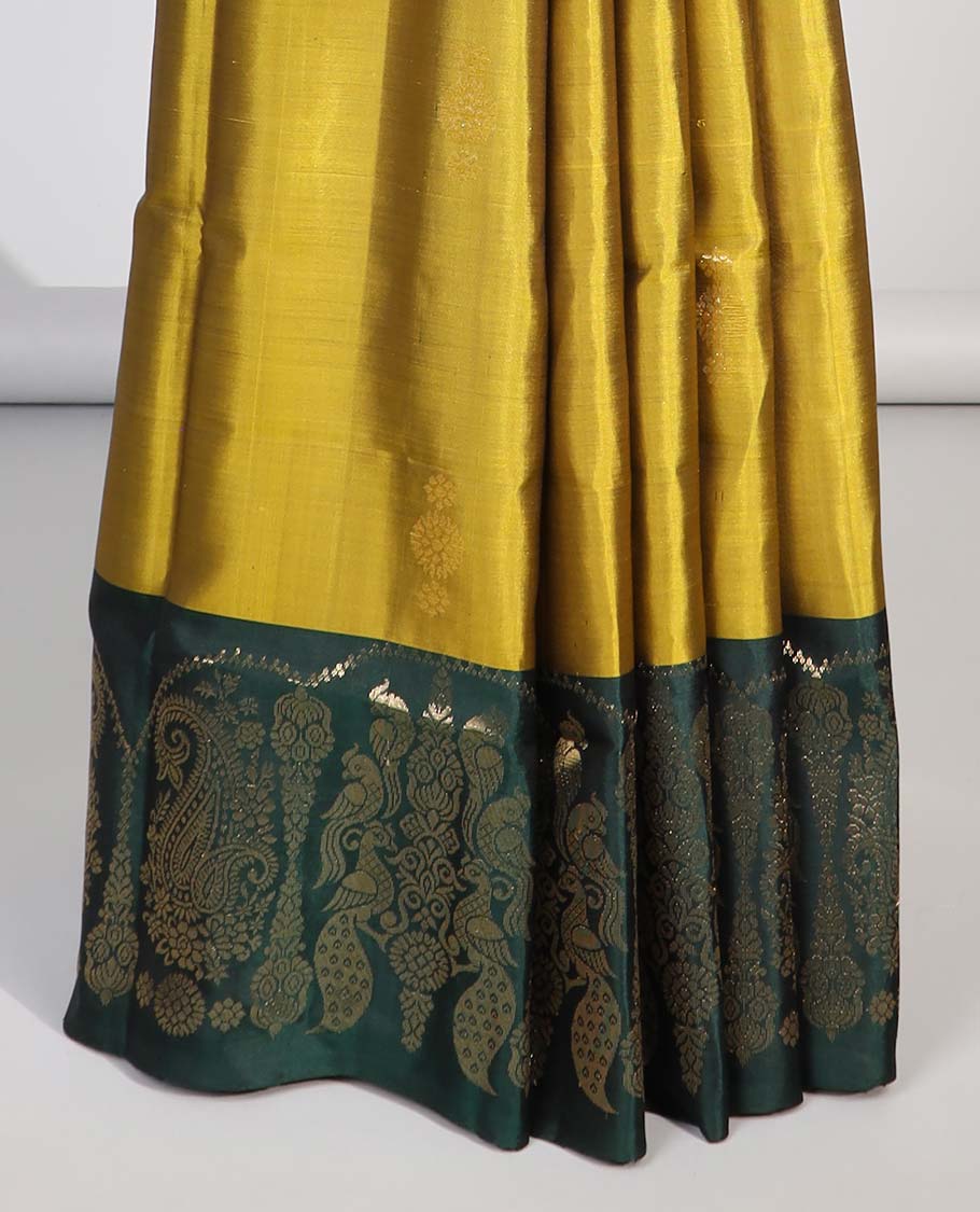 Green small buttas soft silk saree with contrast zari design border & intricate zari design pallu