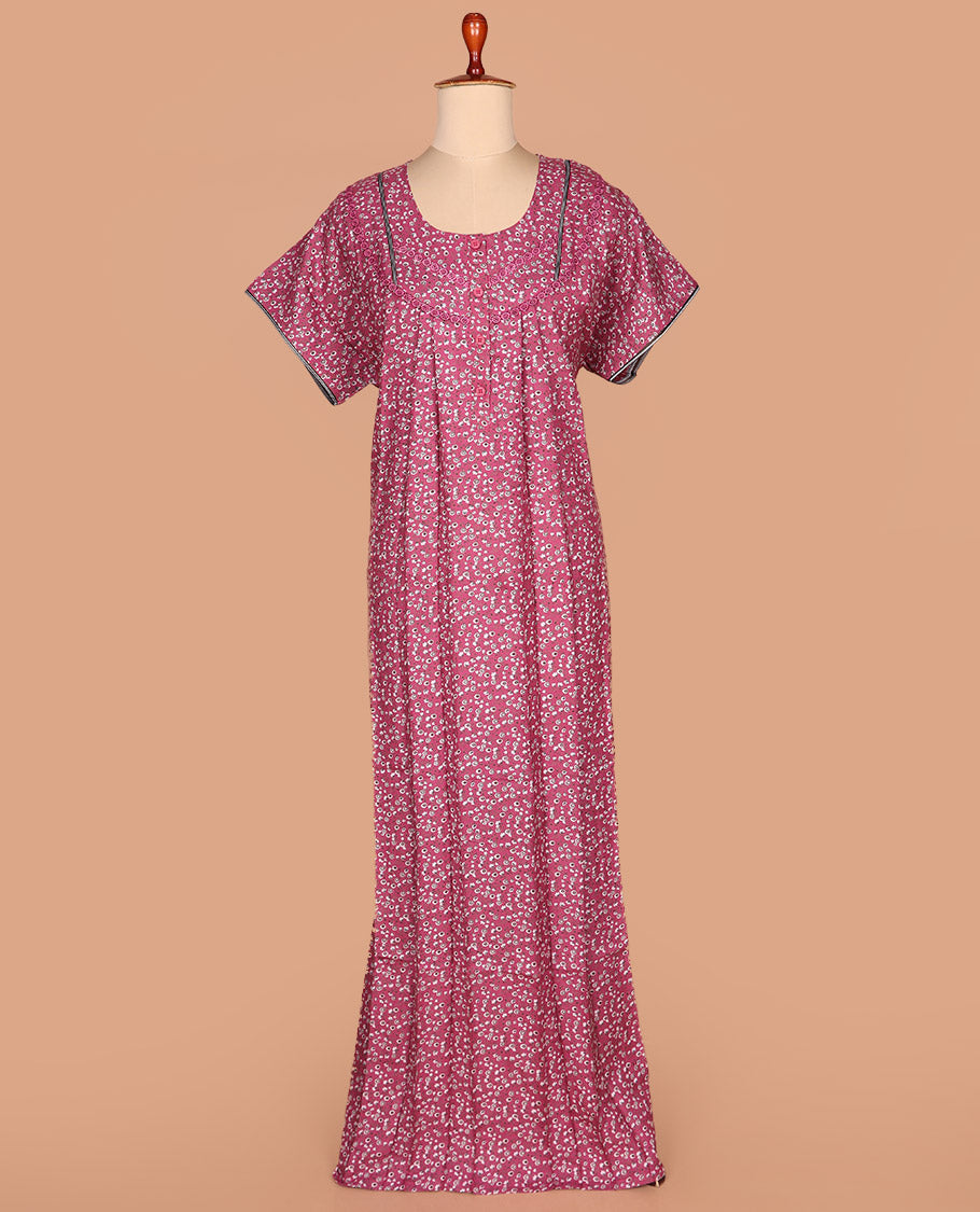 Wine floral motifs printed with round neck lace embroidered half-sleeve cotton nighty