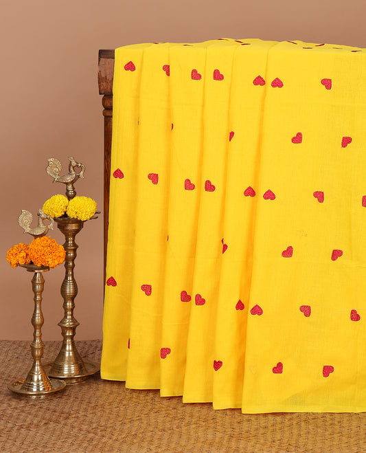 Borderless Yellow heart thread embroidery jute cotton saree with self pallu & plain blouse