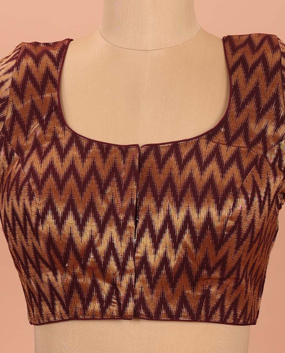 Brown Readymade Blouse Gleamed Up with Chevron Zari Stripes, Featuring a Front Round-Neck, Back Round-Neck, and Elbow Sleeves