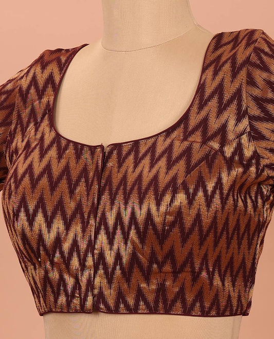 Brown Readymade Blouse Gleamed Up with Chevron Zari Stripes, Featuring a Front Round-Neck, Back Round-Neck, and Elbow Sleeves