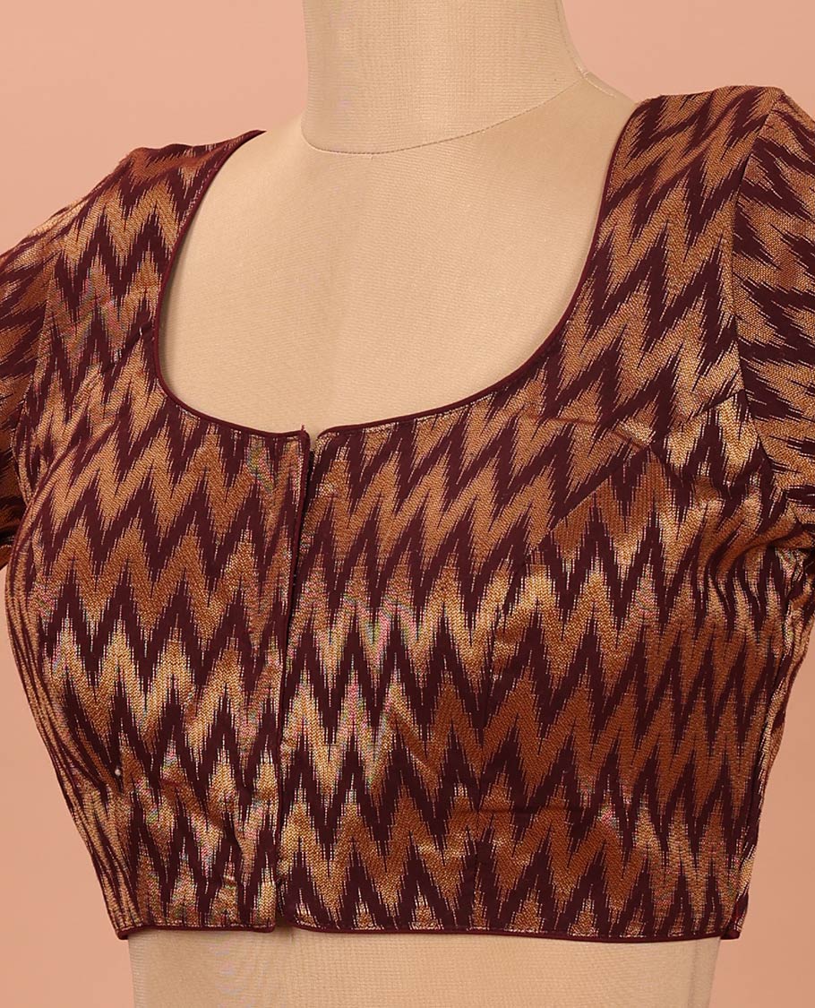 Brown Readymade Blouse Gleamed Up with Chevron Zari Stripes, Featuring a Front Round-Neck, Back Round-Neck, and Elbow Sleeves