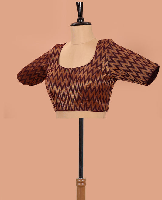 Brown Readymade Blouse Gleamed Up with Chevron Zari Stripes, Featuring a Front Round-Neck, Back Round-Neck, and Elbow Sleeves