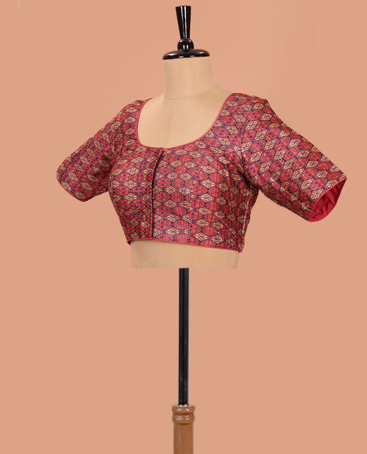 Pink Readymade Blouse Elevated with Diamond-Patterns Print, Featuring a Front Round-Neck, Back Round-Neck, and Elbow Sleeves